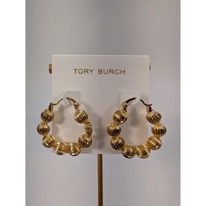 Tory Burch Roxanne Fluted Bead Hoop Earrings Gold Tone Latch Back - NEW
